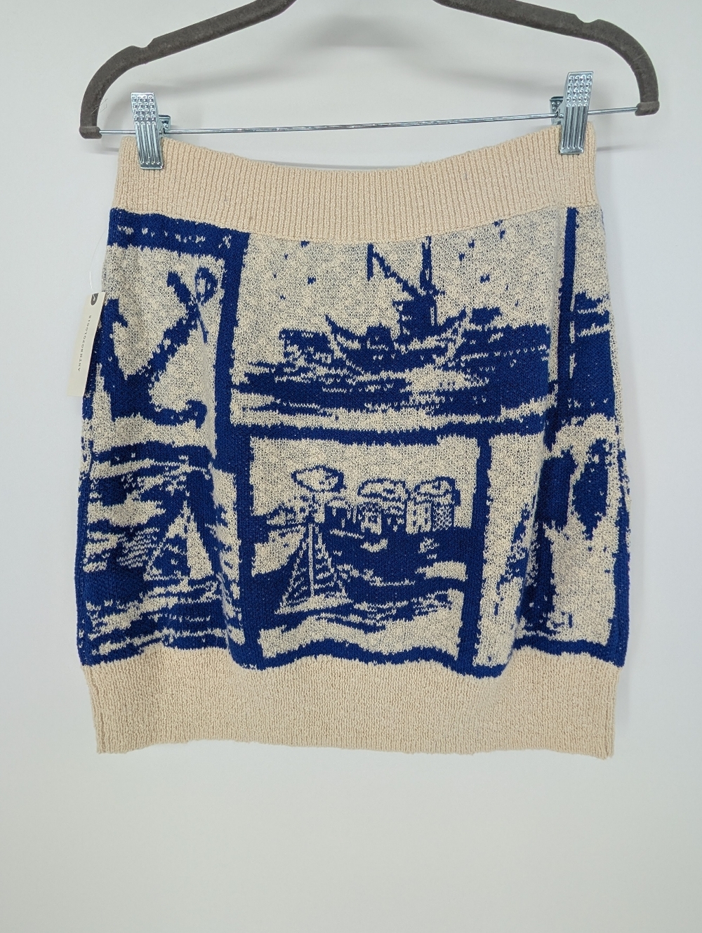 NWT Maeve Anthropologie Sailing Scene Knit Mini Skirt | L | Blue Cream Nautical